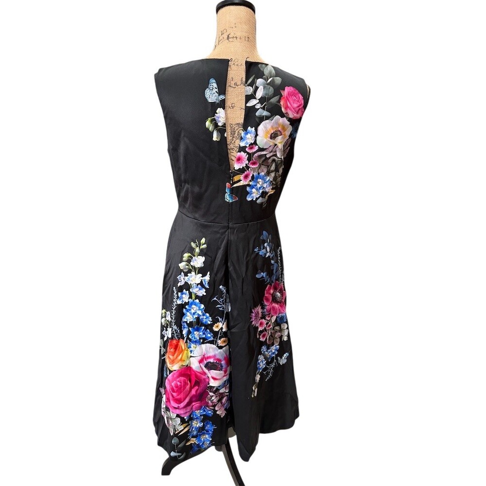 Oasis Dress Womens 12 Black Floral Butterfly Sleeveless Fit & Flare NWOT - Picture 6 of 12